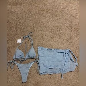 Monday Swimwear Powder Blue Shimmer Palma Bikini Swim Sarong Set Small Medium